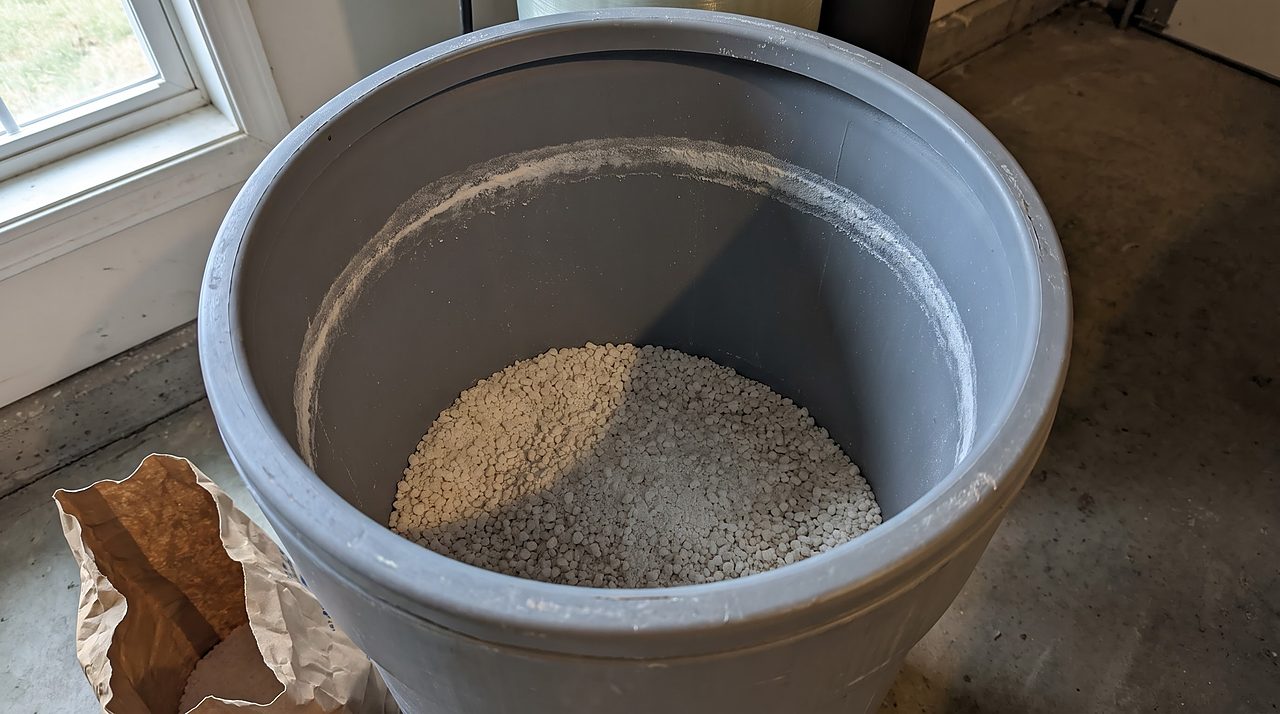 water softener brine tank with salt level unusually low from frequent regeneration cycles