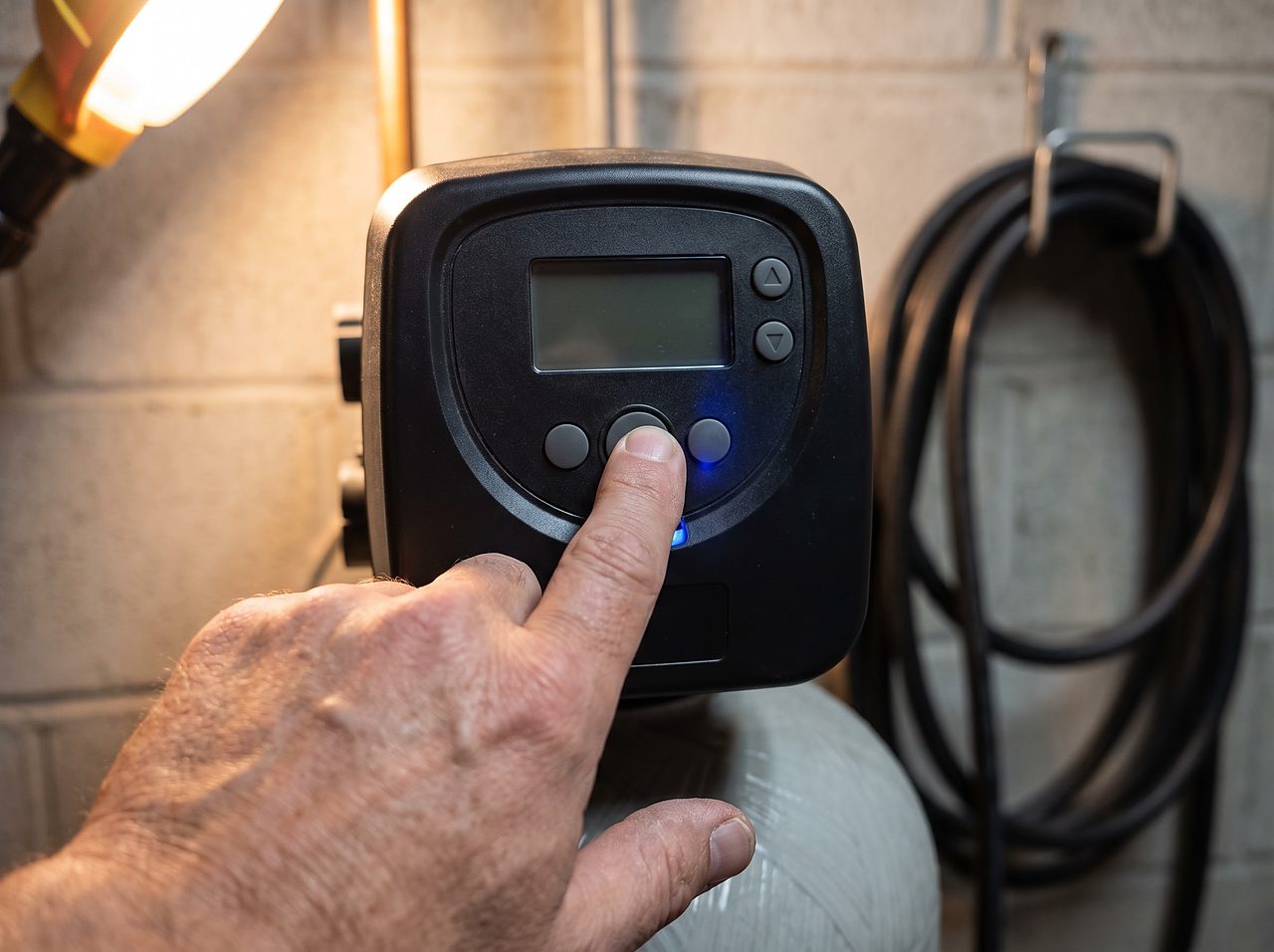 a hand pressing the manual advance button on a water softener control head