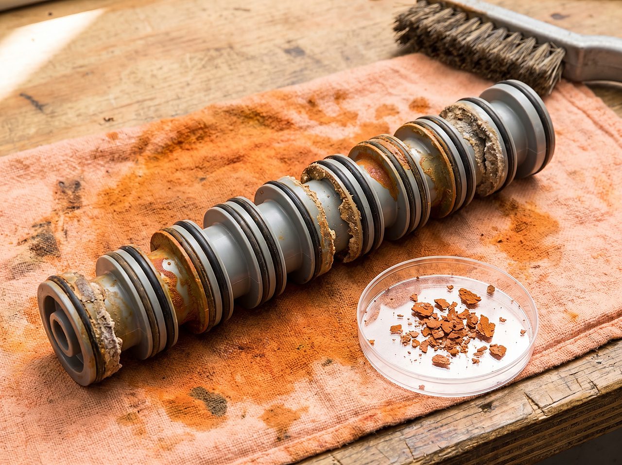 a water softener valve piston stack stained with rust colored mineral buildup