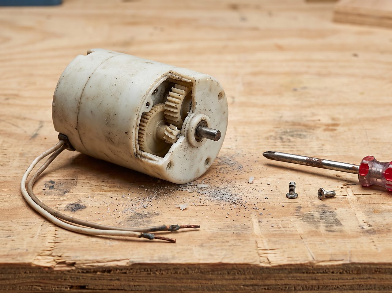 a small geared timer motor removed from a water softener valve with a cracked gear tooth