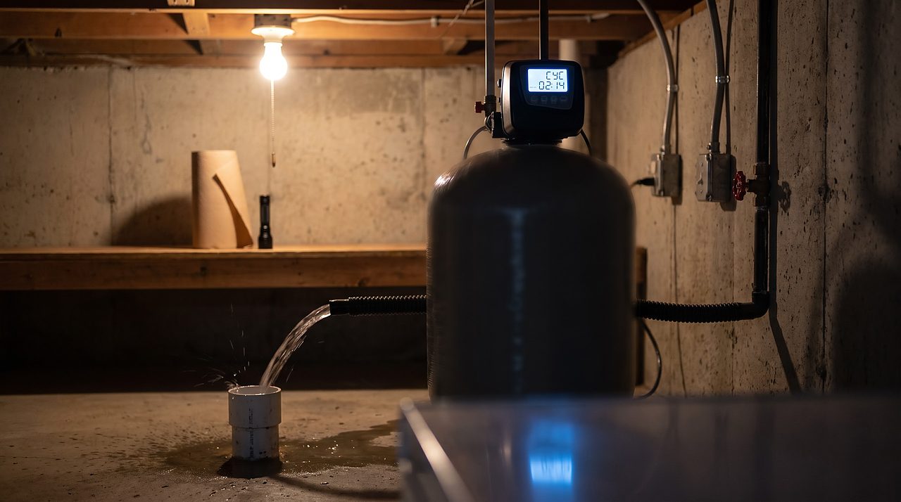 water softener control display frozen mid-cycle while water still runs to the drain