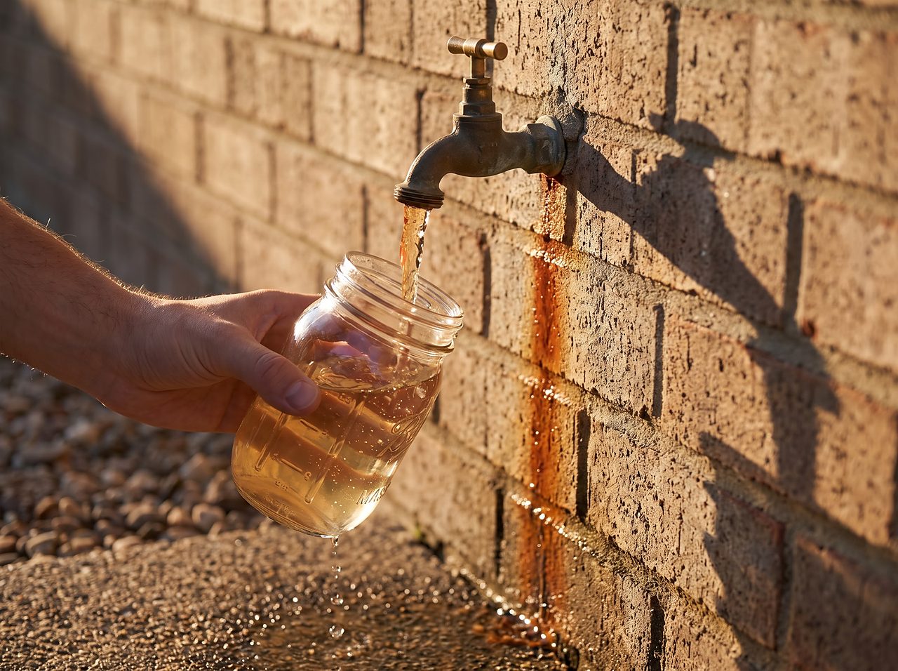 sample jar filling with faintly rust-tinted well water from an outdoor spigot