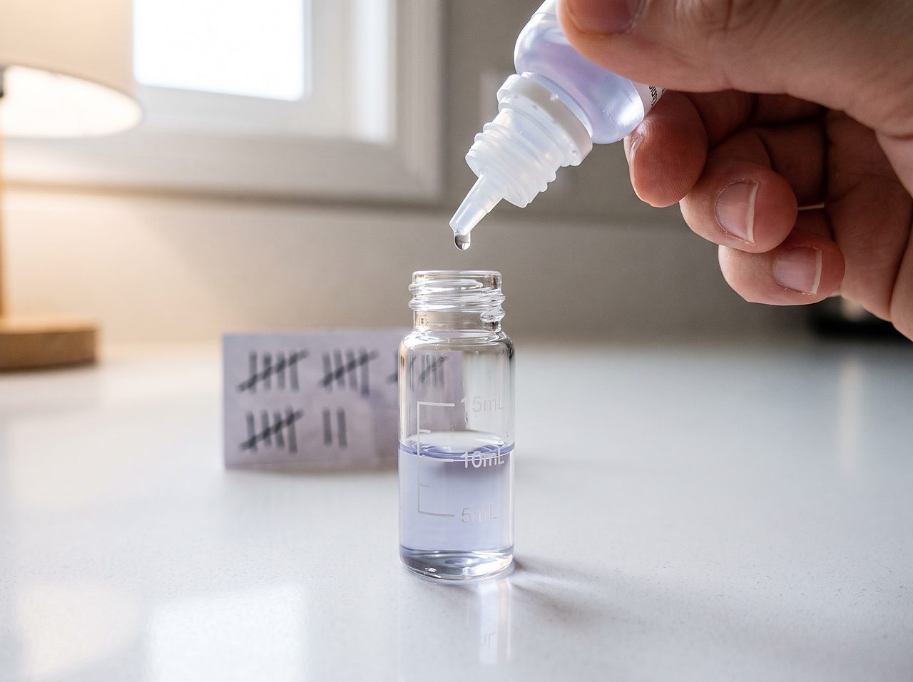 dropper bottle adding a drop to a titration vial during a hardness test