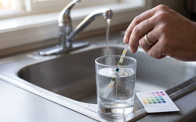 hand dipping a water hardness test strip into a glass of tap water