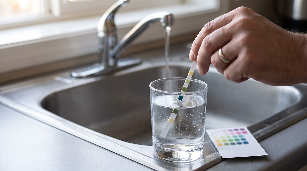 a hand dipping a hardness test strip into a glass of tap water