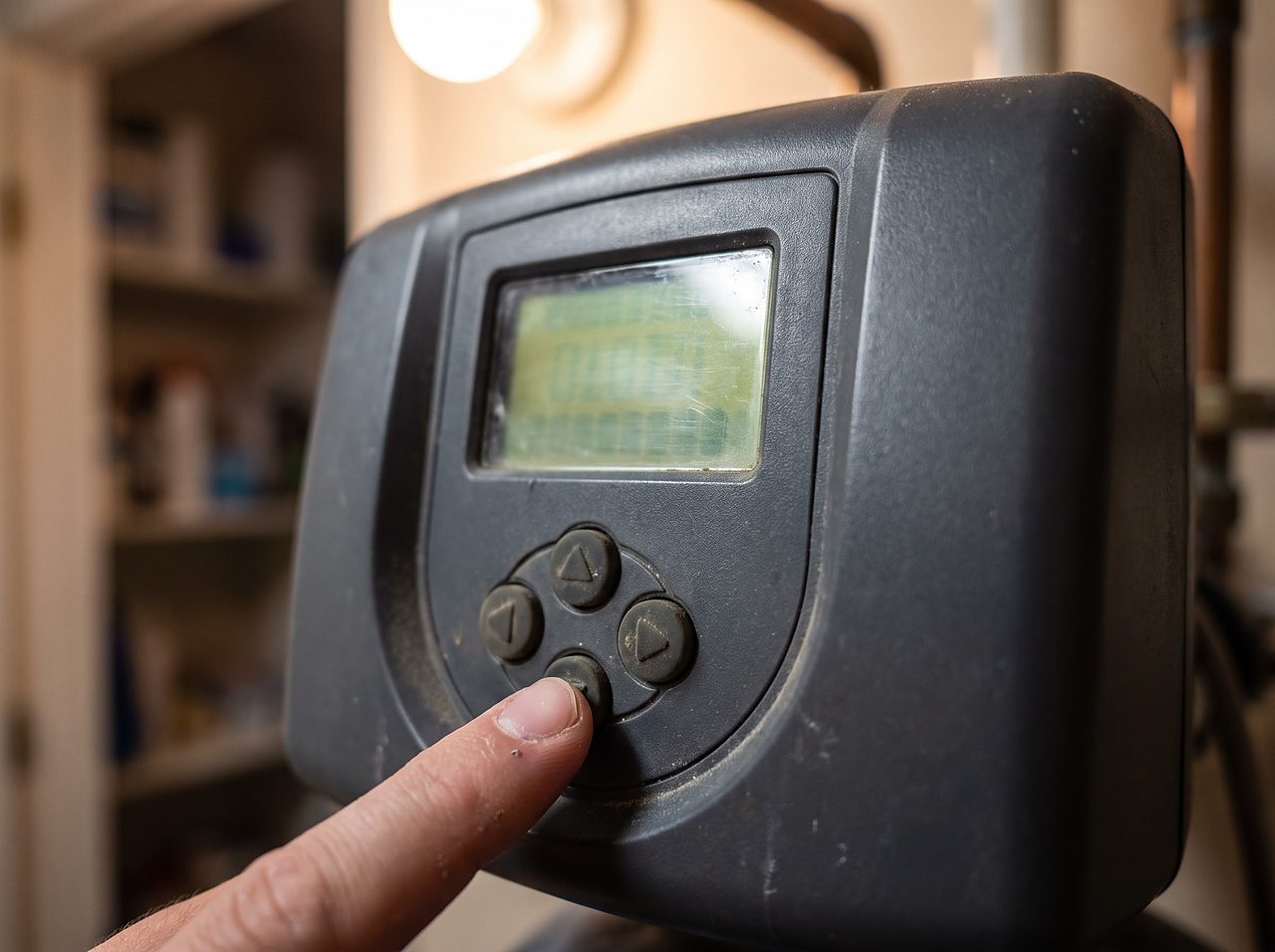 fingertip hovering over a softener control valve's hardness programming buttons