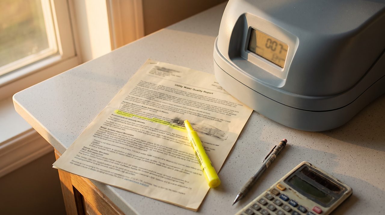 a printed water report beside a softener control display, comparing hardness units