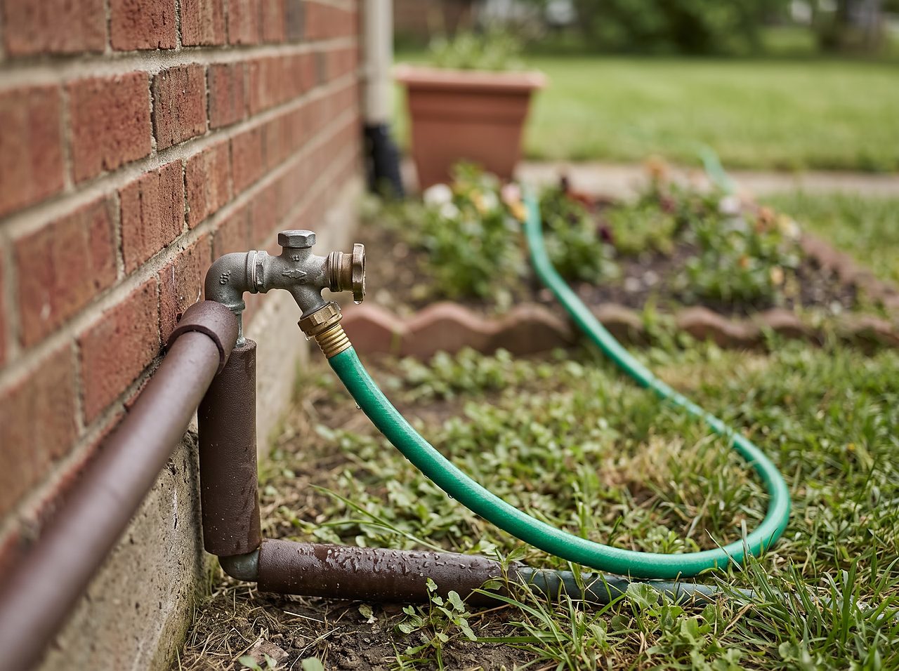 garden hose connected to an outdoor spigot for watering with unsoftened water