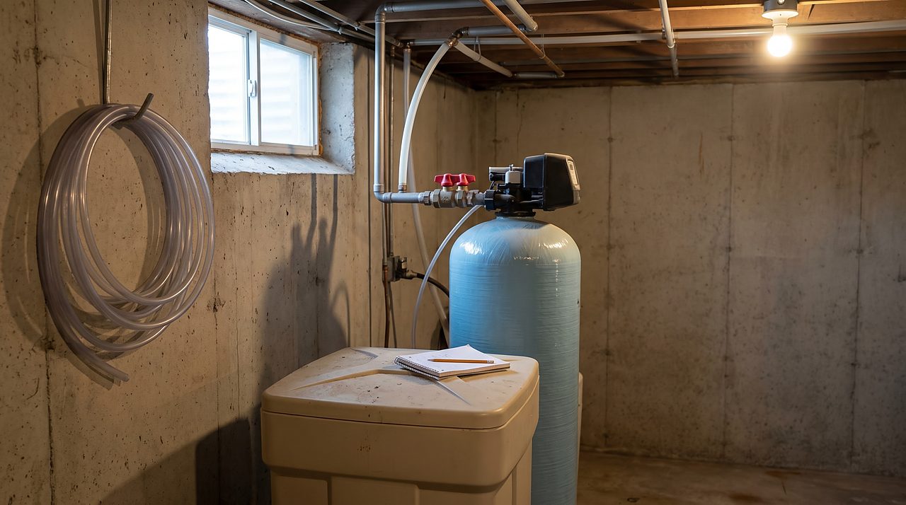 full water softener setup with resin tank, brine tank, and bypass valve visible together