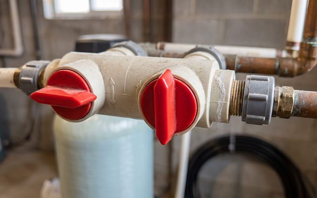 close-up of a plastic water softener bypass valve with two red directional handles