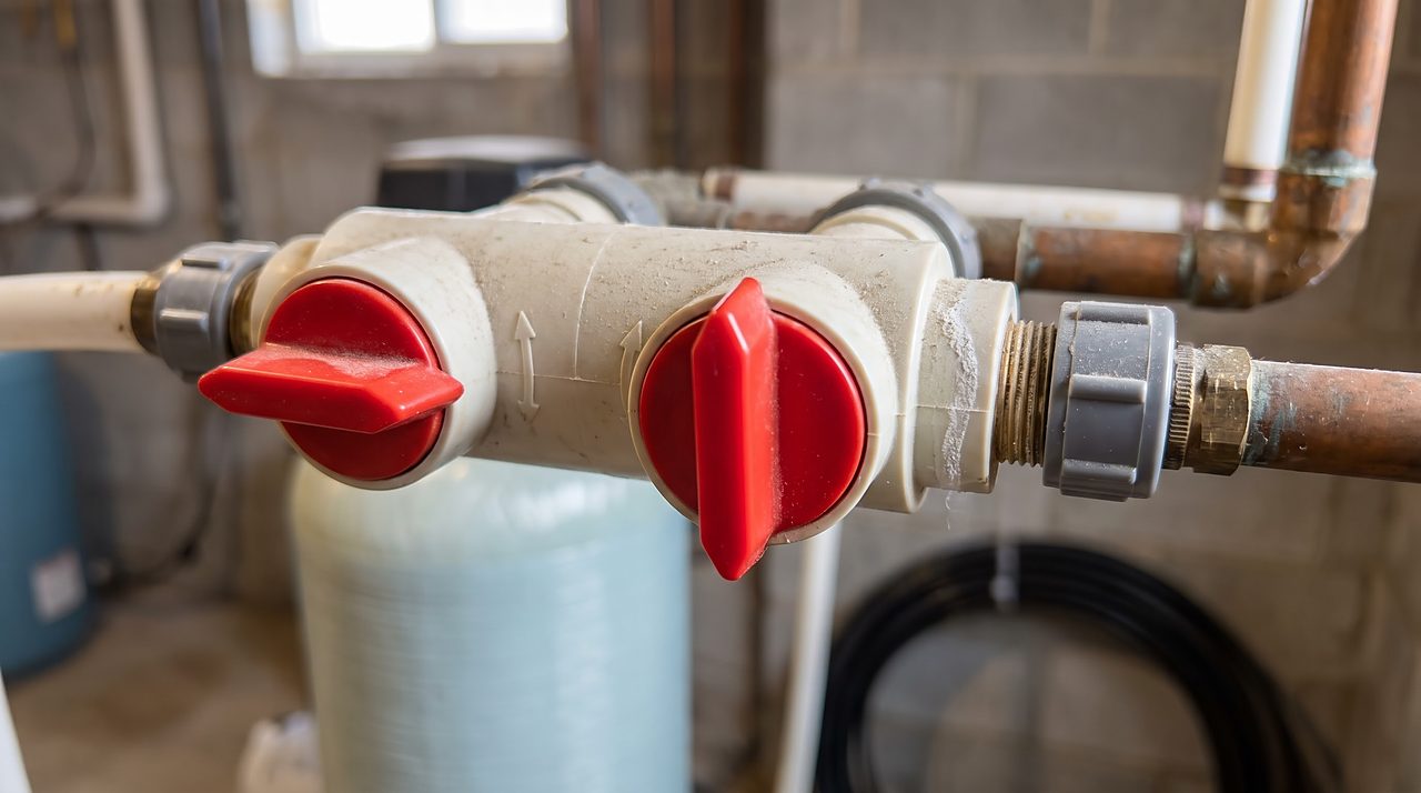 close-up of a plastic water softener bypass valve with two red directional handles