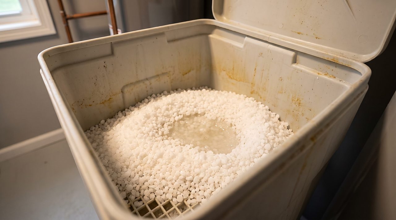 open brine tank showing salt pellets at a healthy level during a routine check