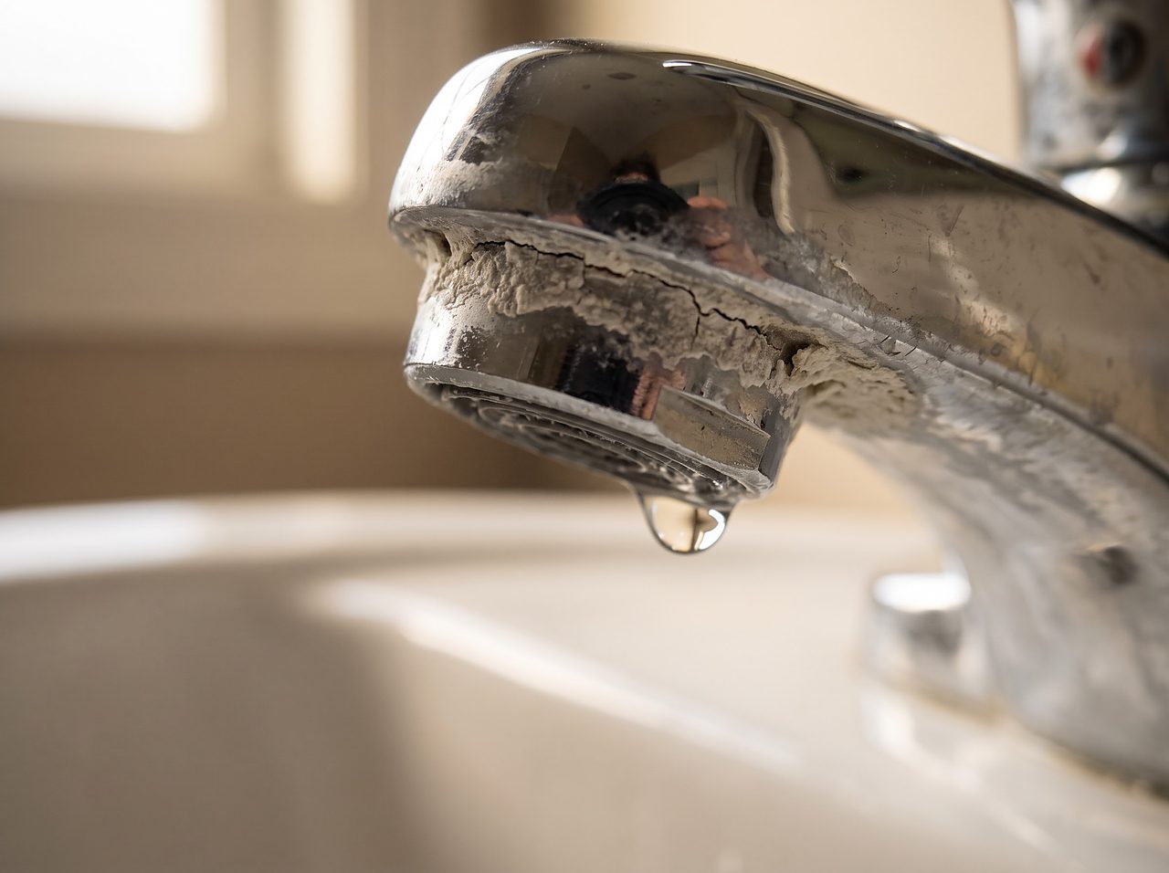 chalky white mineral scale built up around a bathroom faucet aerator
