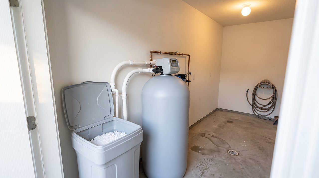 residential water softener resin tank and brine tank in a home utility closet