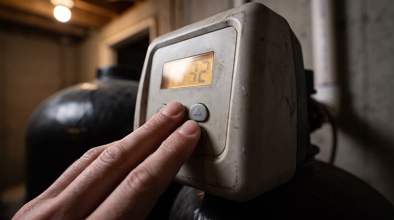 fingers pressing an adjustment button on a softener control head display
