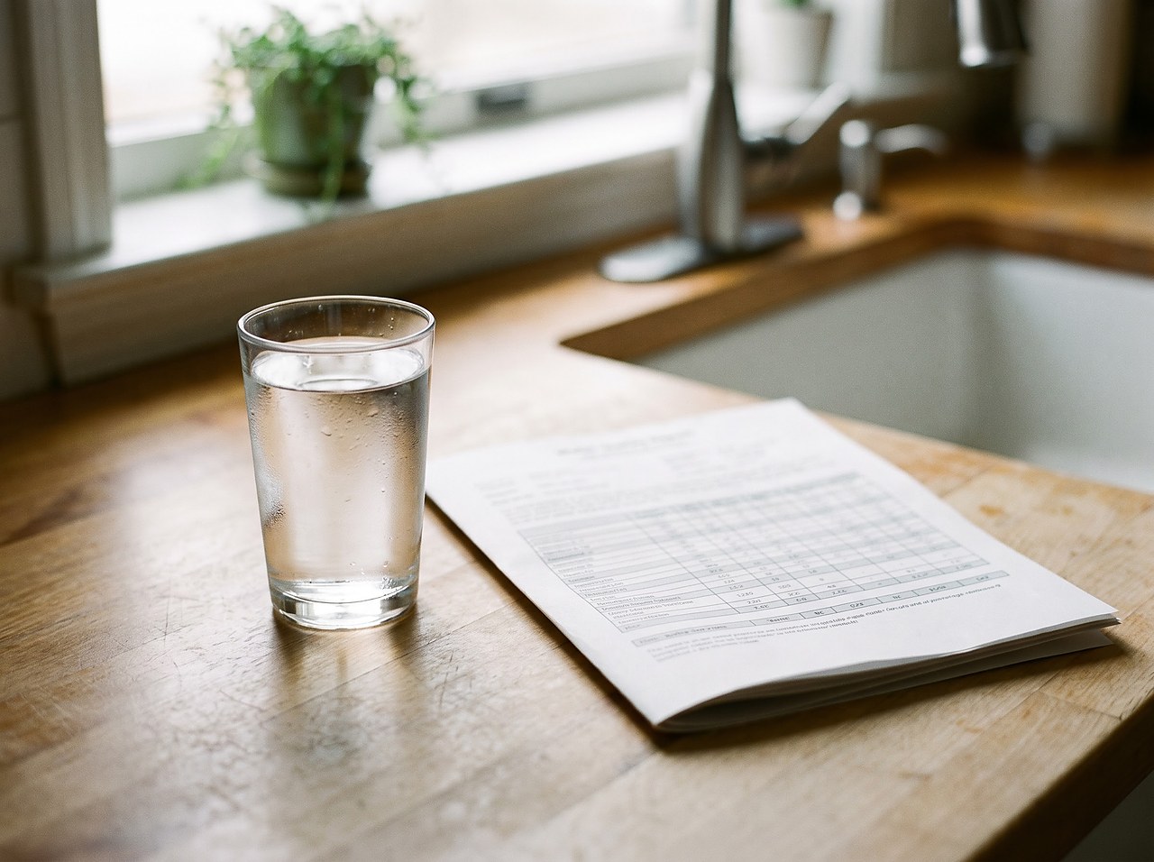 printed water quality report beside a freshly poured glass of tap water