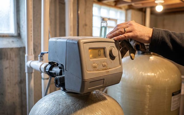 hand setting a hardness test vial beside a softener control head display