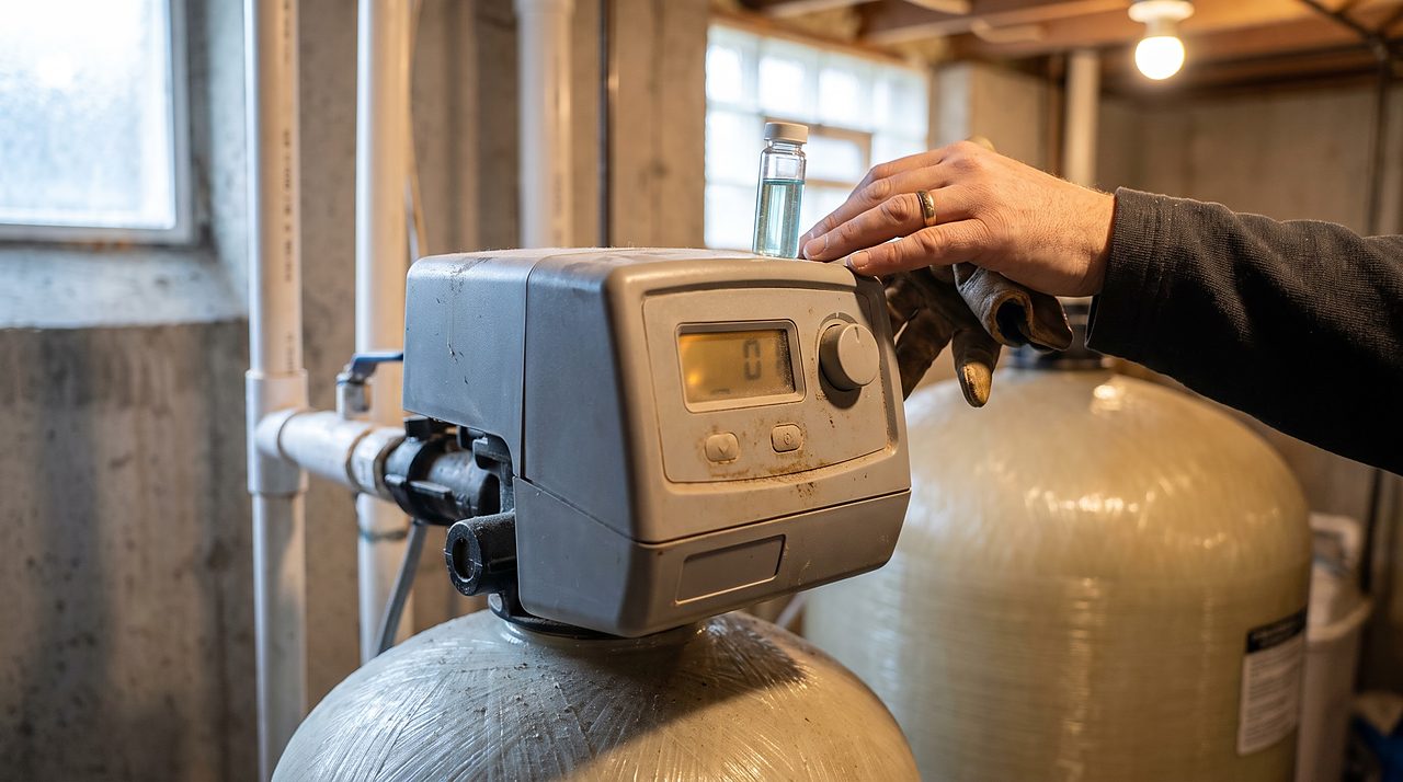 hand setting a hardness test vial beside a softener control head display