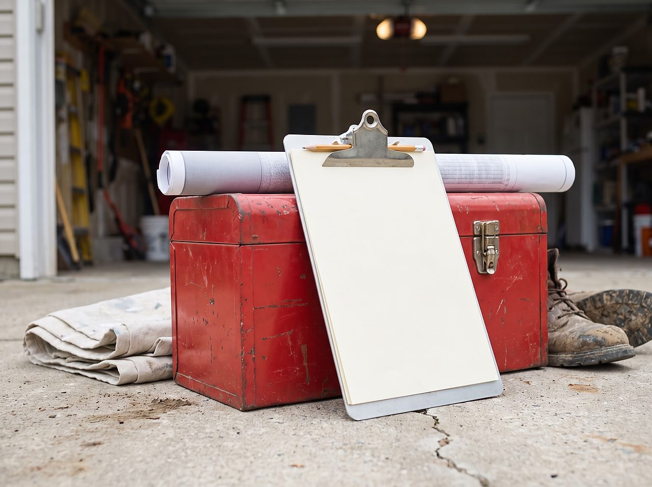a blank permit form clipped to a board at a residential plumbing job site