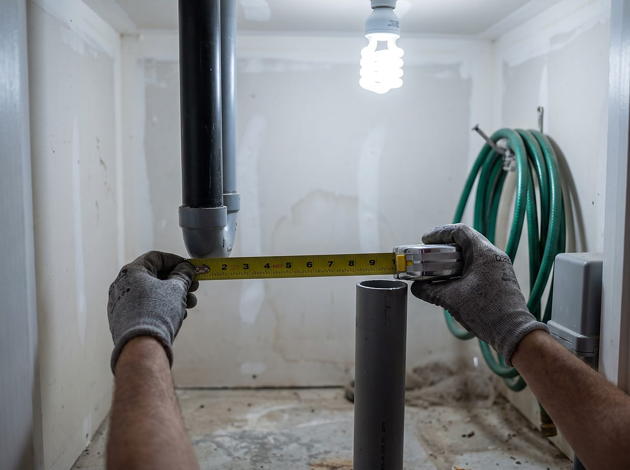 hands measuring drain line clearance during a softener installation check