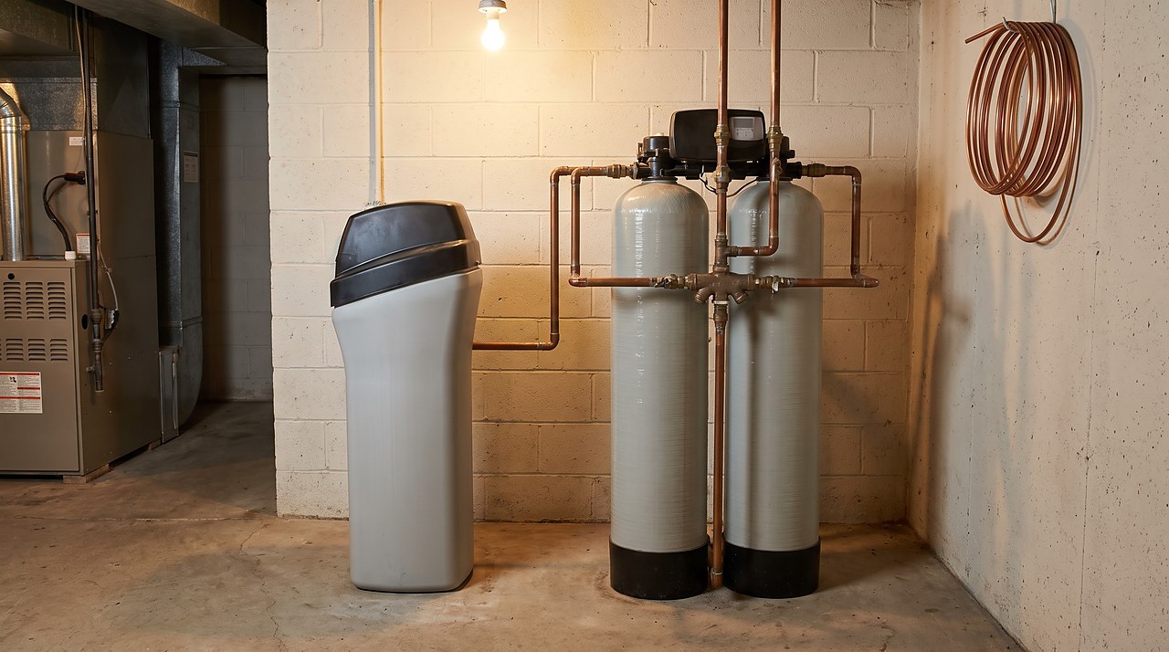a single-tank softener beside a more complex twin-tank system for cost comparison