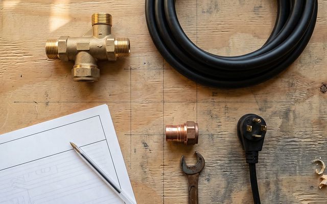 installation parts and a blank permit form arranged like a cost checklist