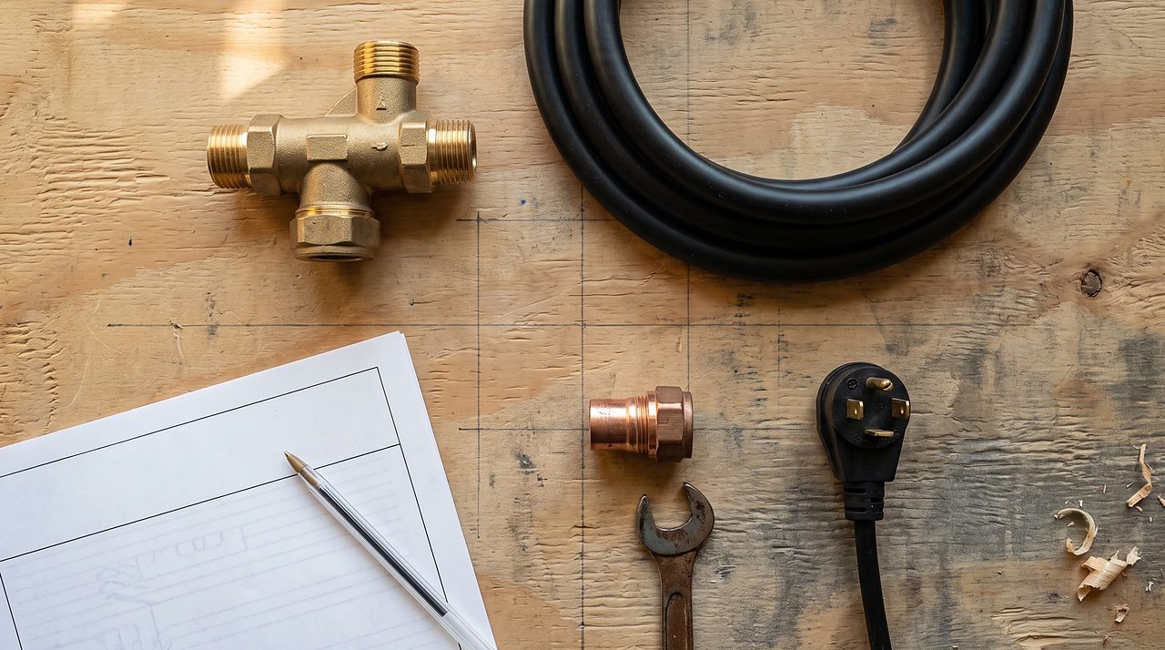 installation parts and a blank permit form arranged like a cost checklist