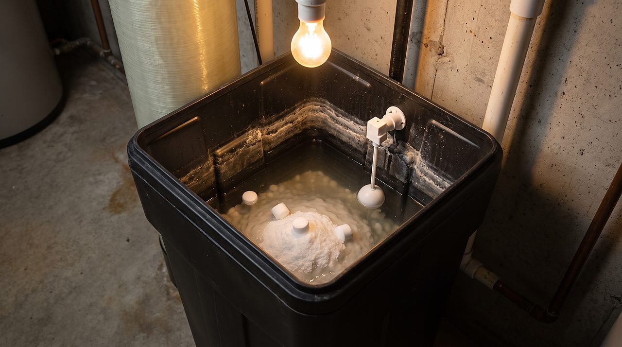 standing water and a float valve visible inside an open residential brine tank