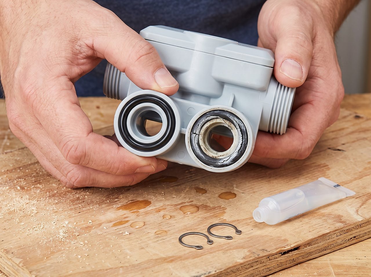 cracked bypass valve o-ring compared beside a healthy o-ring during a seal inspection