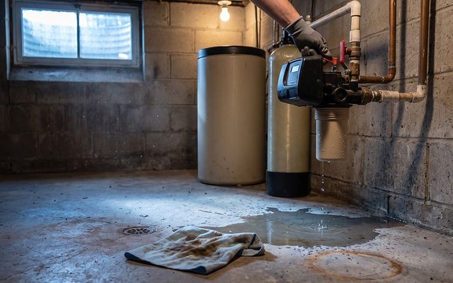 puddle of water on a basement floor beneath a water softener control head at the bypass valve
