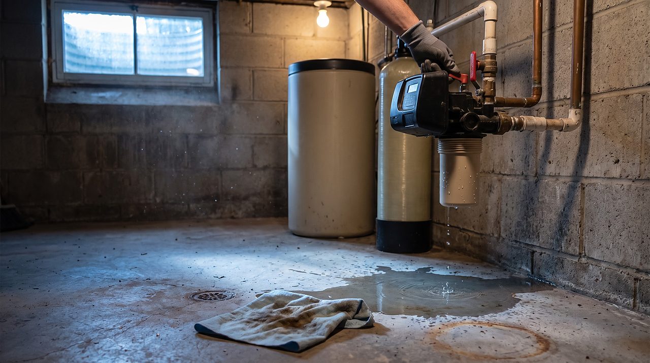 puddle of water on a basement floor beneath a water softener control head at the bypass valve
