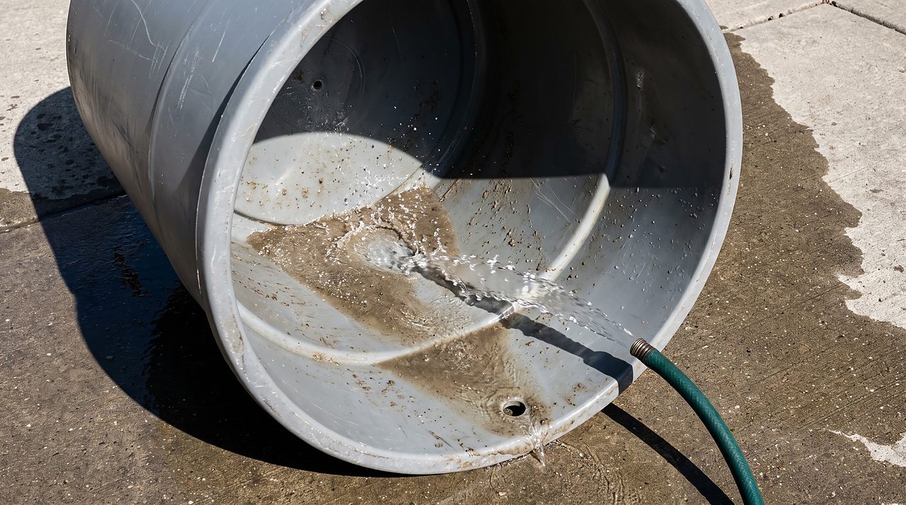 salt sludge being hosed out of an empty brine tank during a deep clean