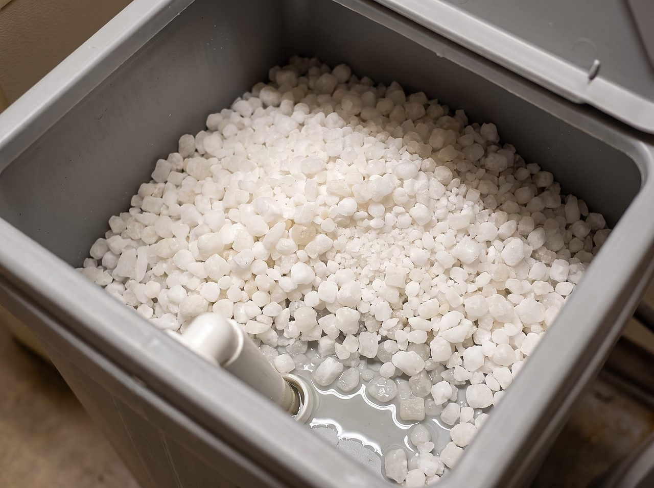 water softener brine tank salt pellets shown at the correct fill level above water