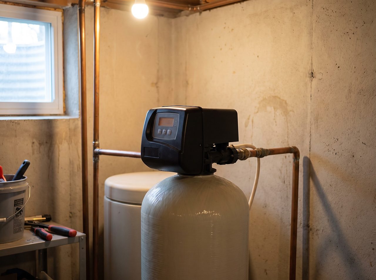residential water softener control head and resin tank during a yearly maintenance check