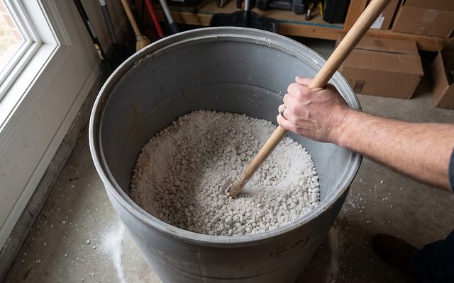 hand pressing a broom handle into salt to check for a water softener salt bridge