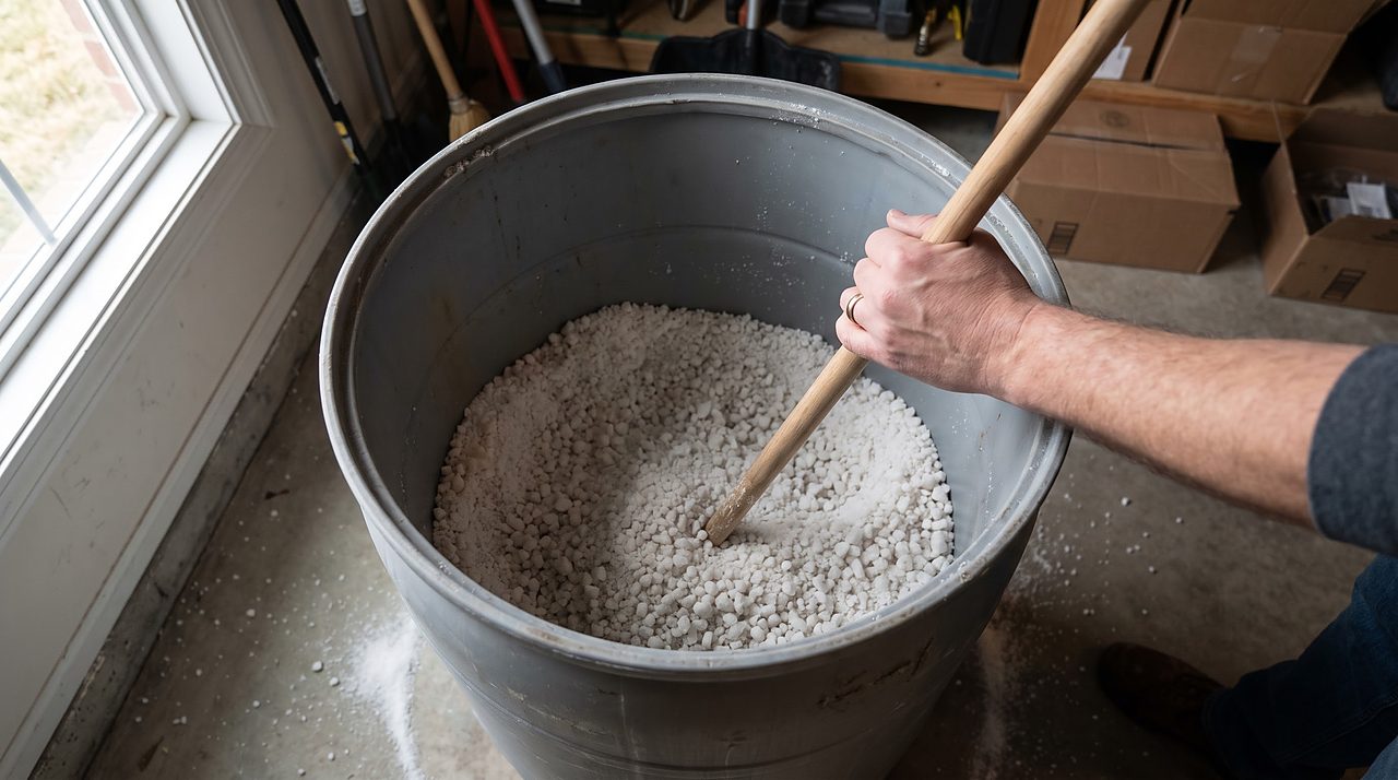 hand pressing a broom handle into salt to check for a water softener salt bridge