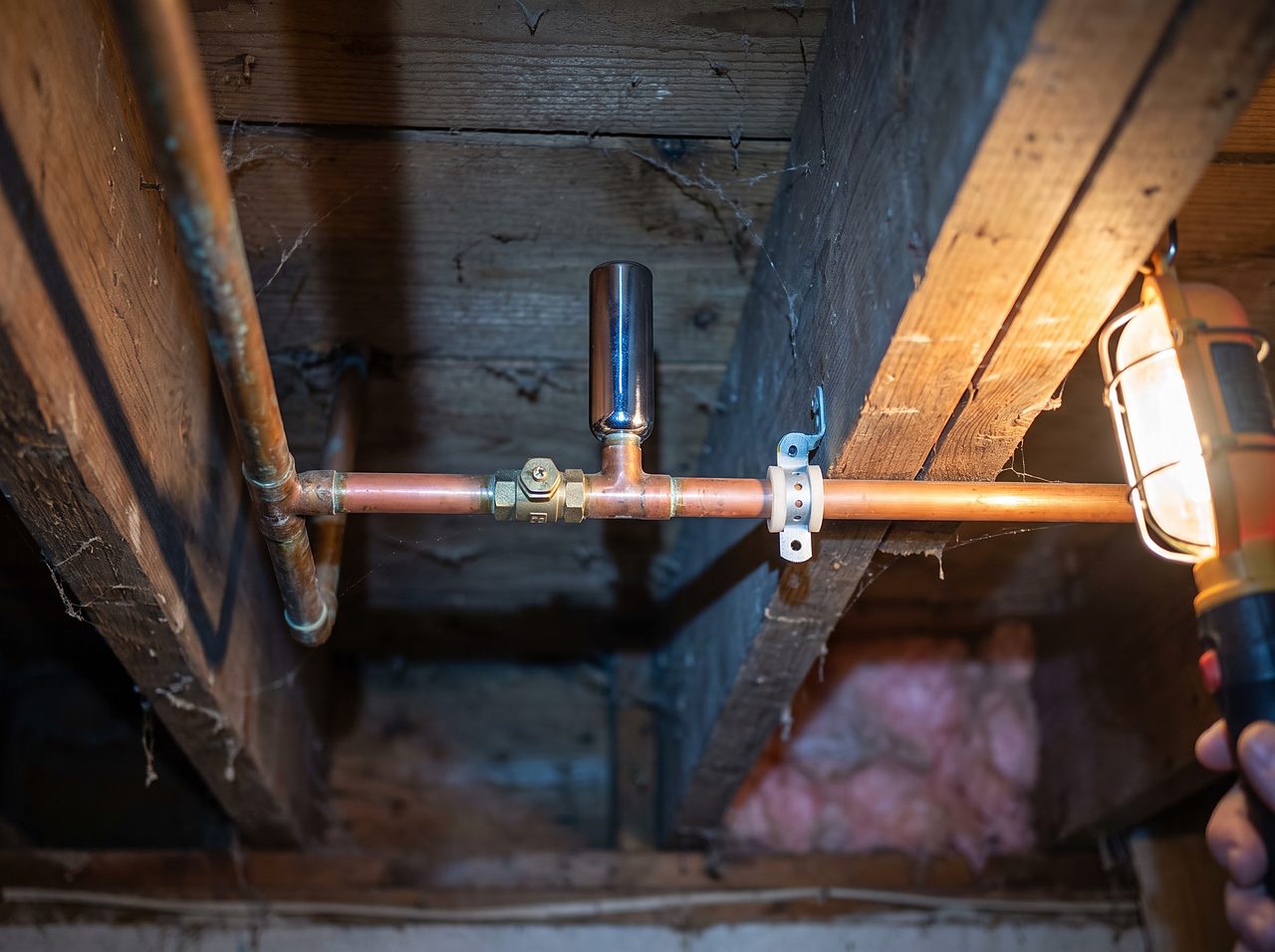 copper supply pipe with a small hammer arrestor secured near a shutoff valve