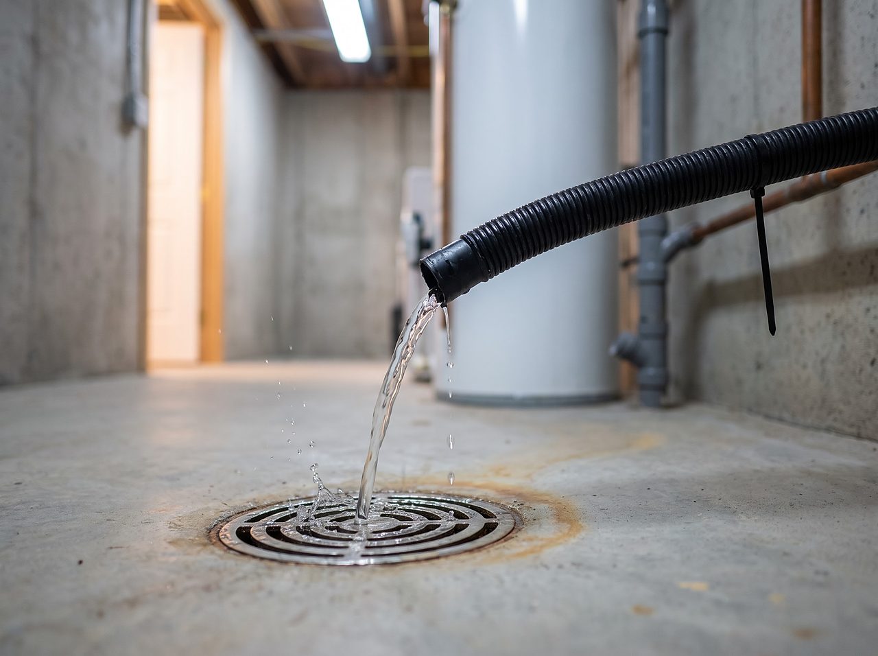 water softener drain hose discharging a continuous stream into a floor drain
