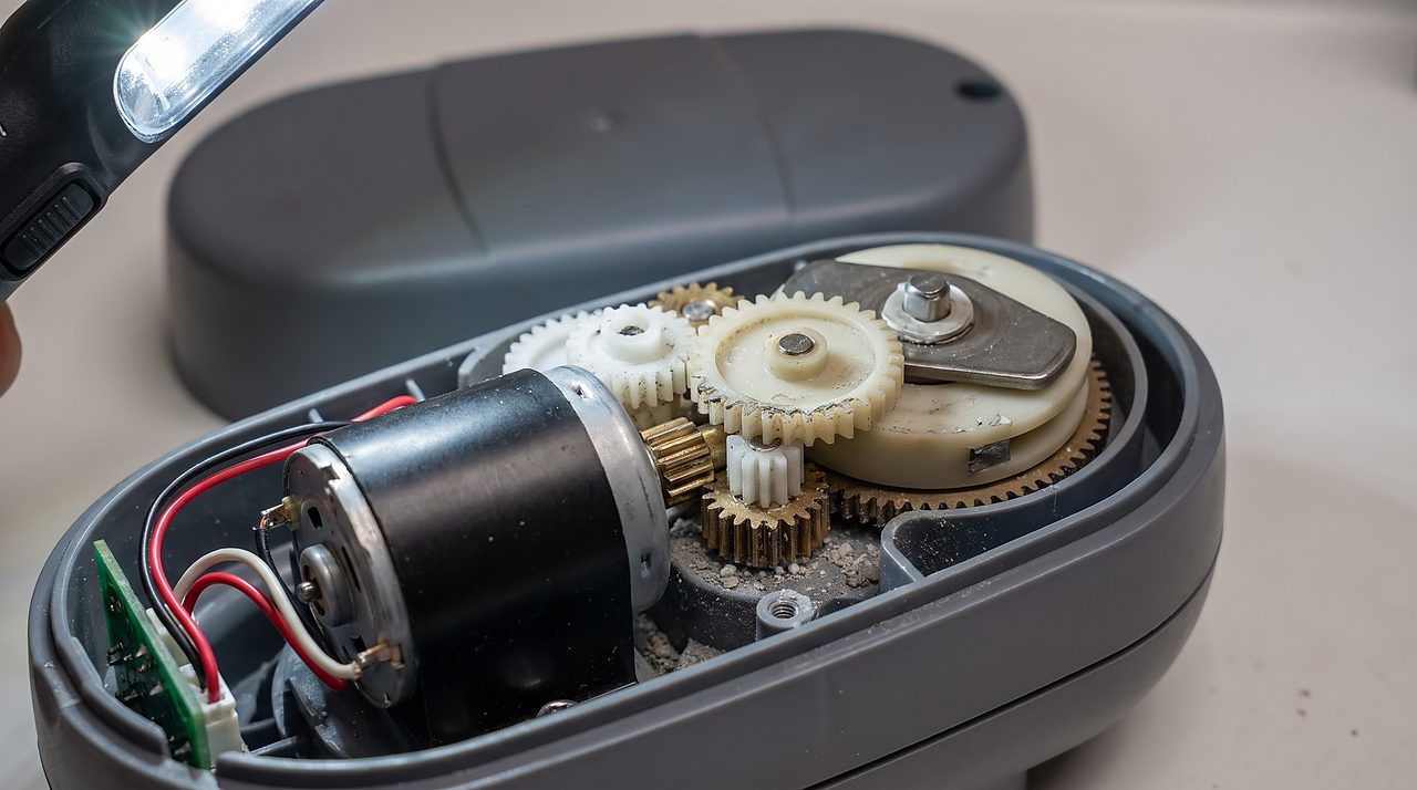 worn drive gear and small electric motor inside an open water softener valve