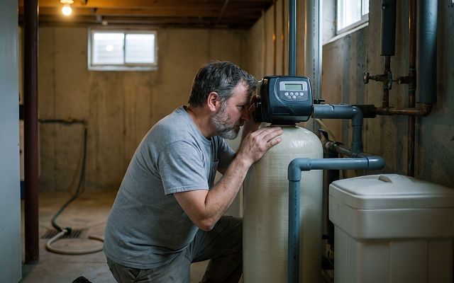 person listening closely to a water softener control valve to diagnose an unfamiliar sound