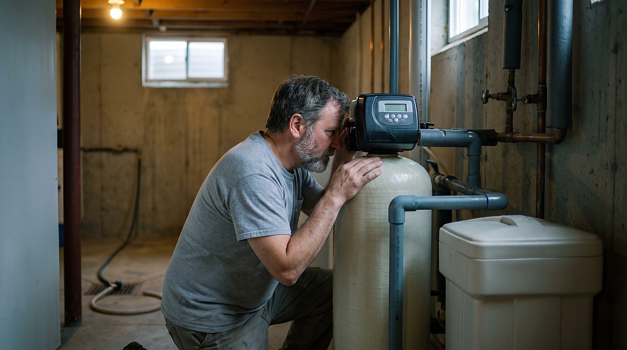 person listening closely to a water softener control valve to diagnose an unfamiliar sound