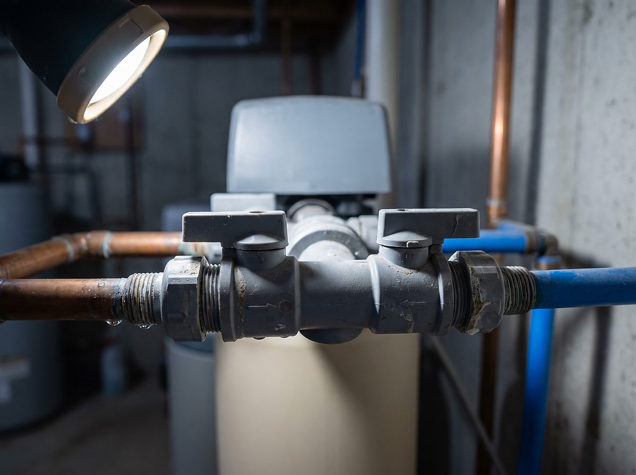 bypass valve handles shown in the correct service position on a softener