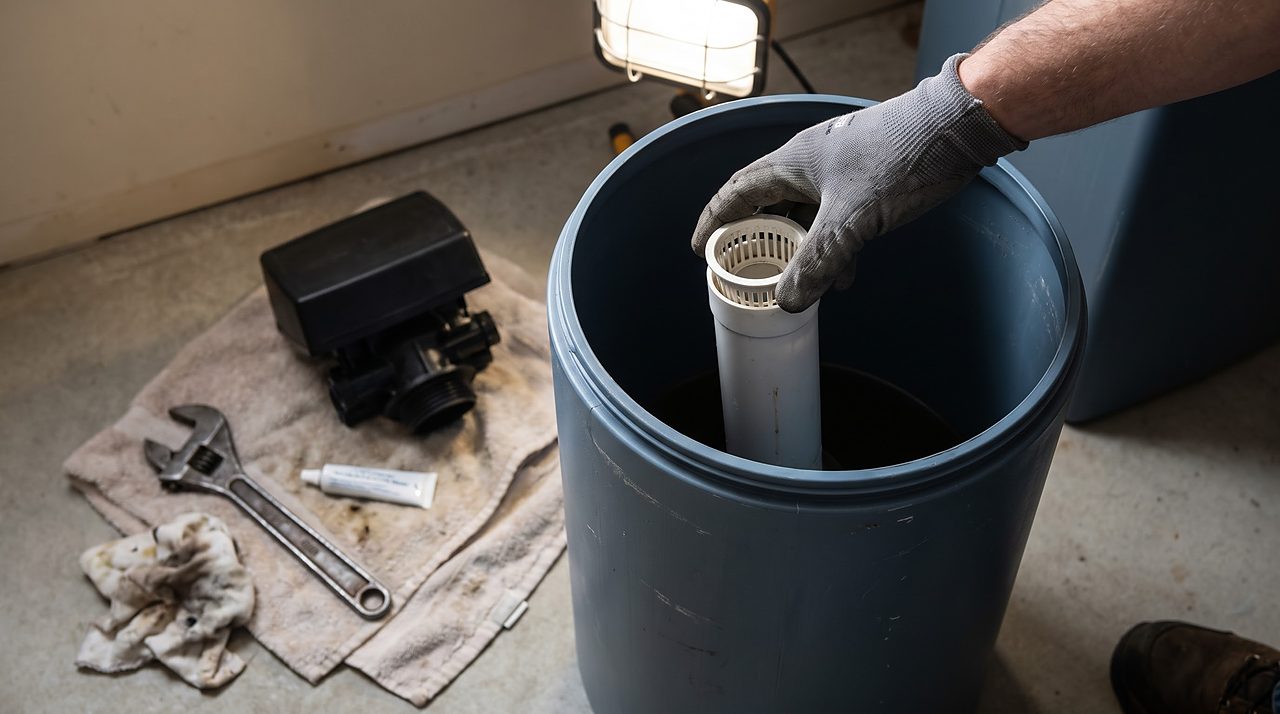 gloved hand checking a riser tube seated inside an open resin tank