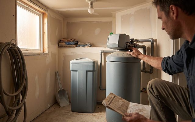 homeowner checking a water softener bypass valve during a triage walkthrough