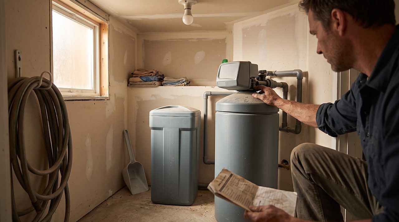 homeowner checking a water softener bypass valve during a triage walkthrough