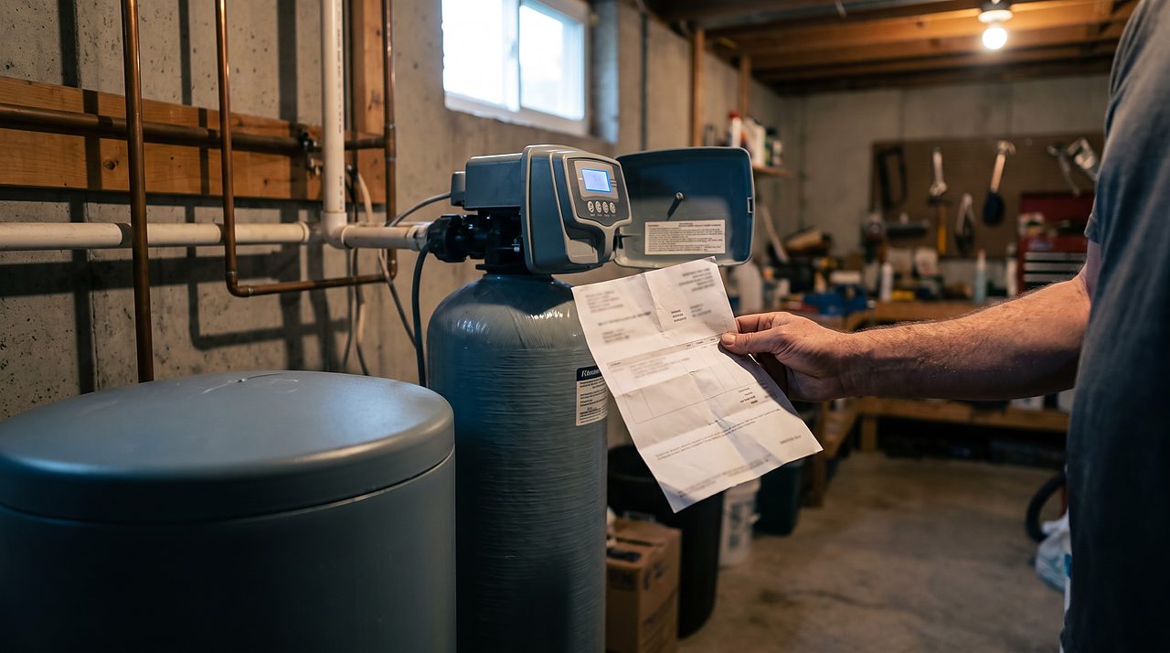 homeowner holding a repair invoice beside an aging water softener control valve display
