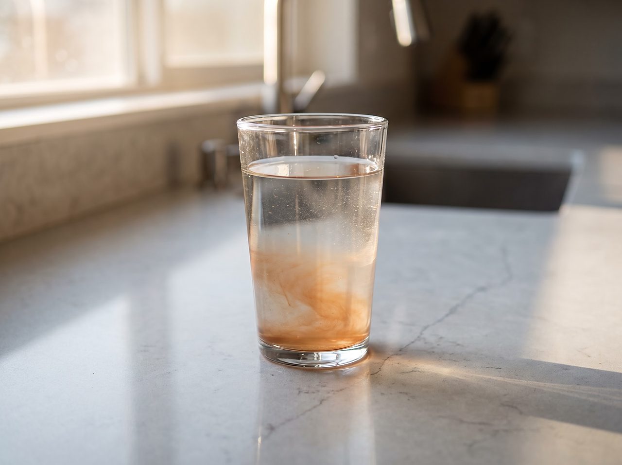 clear well water turning reddish brown in a glass as ferrous iron oxidizes