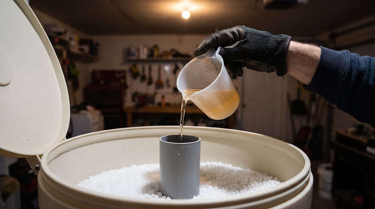 gloved hand pouring liquid resin cleaner into a water softener's brine well tube