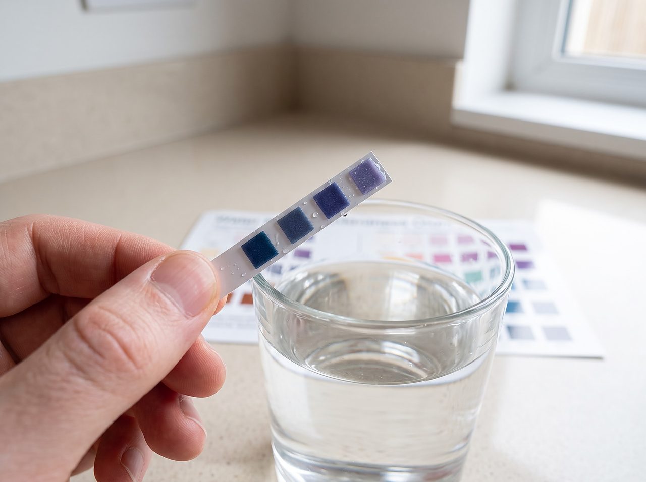 hardness test strip being read after a water softener resin cleaner treatment