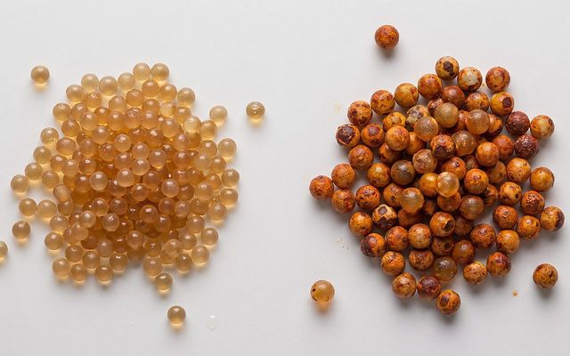 healthy tan resin beads next to iron-stained rust colored resin beads for comparison
